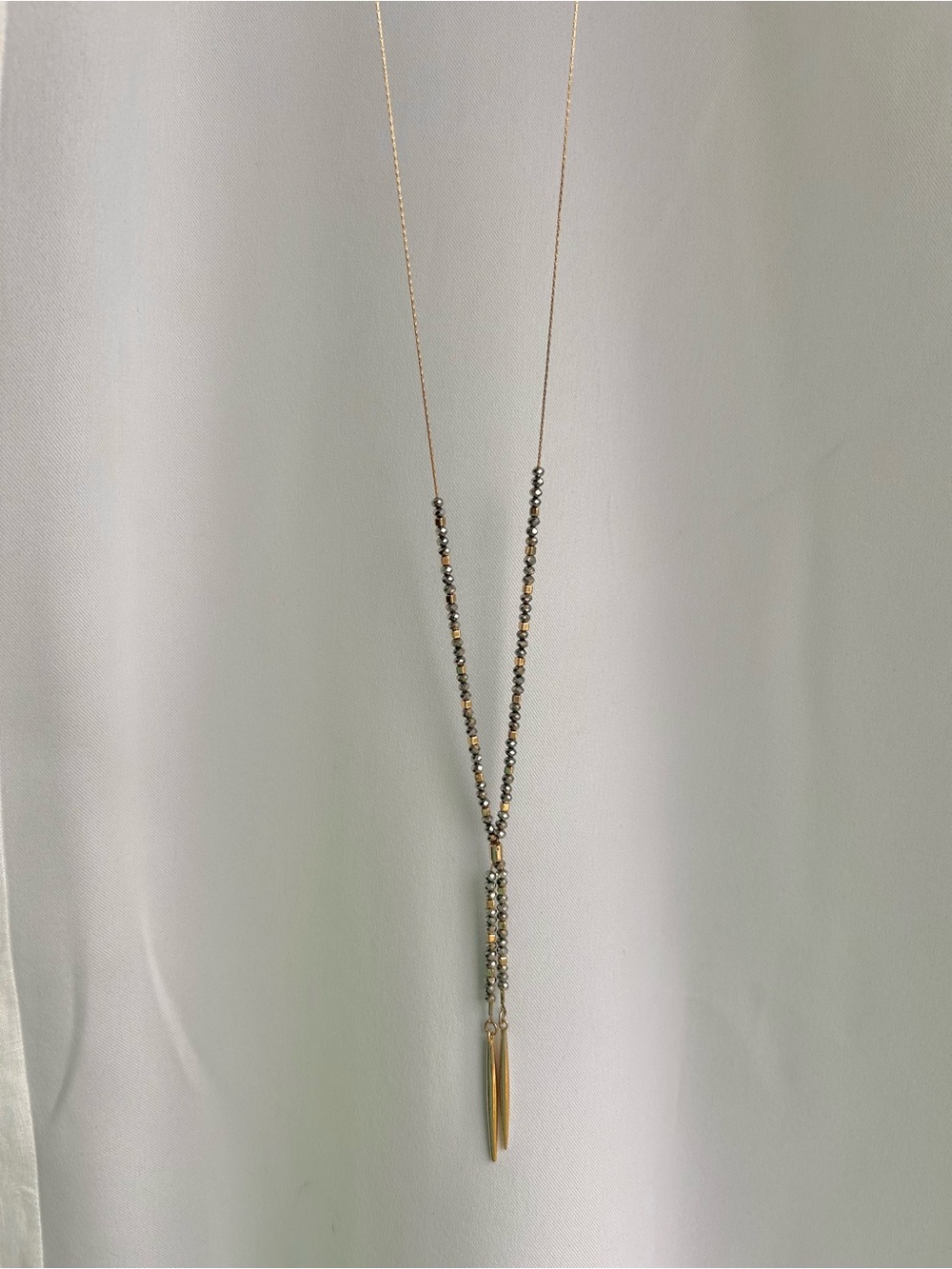 Delicate Gold and Gray Bead Y-Necklace - Women Jewelry